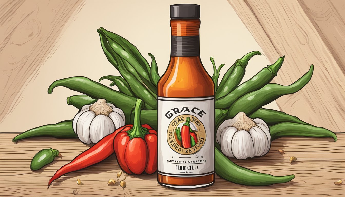 A bottle of Grace hot sauce surrounded by fresh chili peppers and garlic cloves on a wooden cutting board