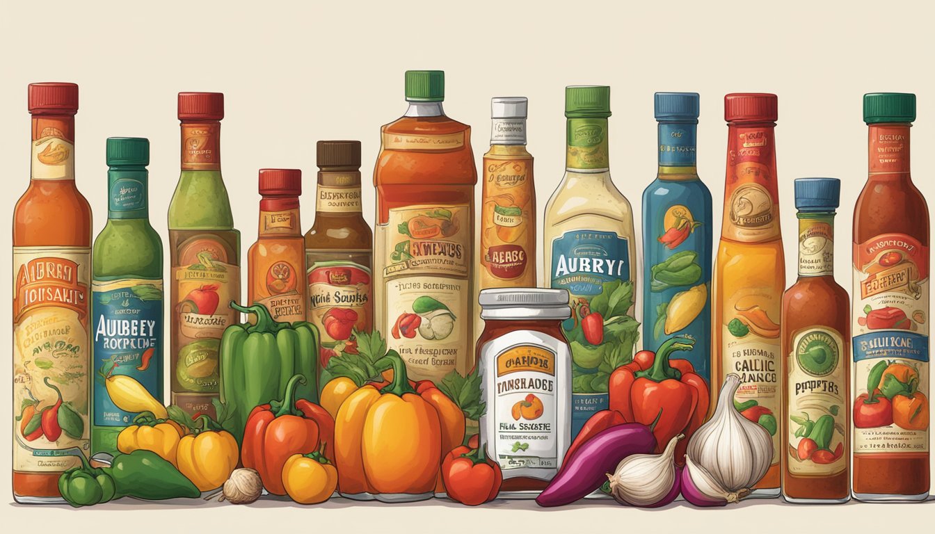 A bottle of Aubrey D. hot sauce surrounded by various ingredients like peppers, garlic, and vinegar