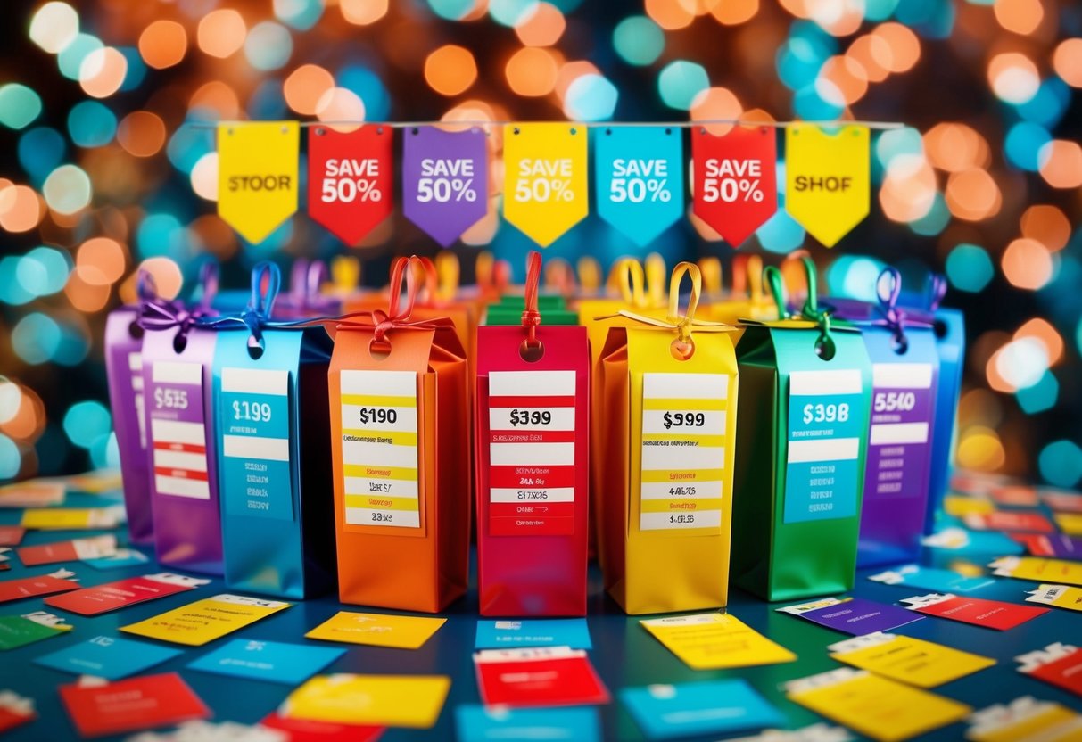 An array of colorful products with price tags, surrounded by virtual discount banners