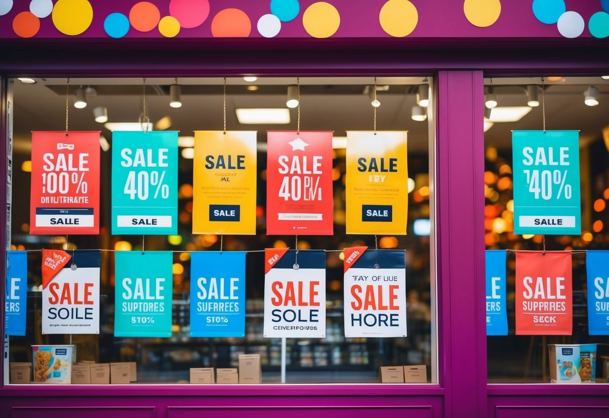 A vibrant digital storefront with multiple sale banners and promotional tags