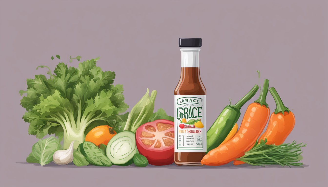 A bottle of Grace hot sauce surrounded by fresh vegetables and a nutrition label