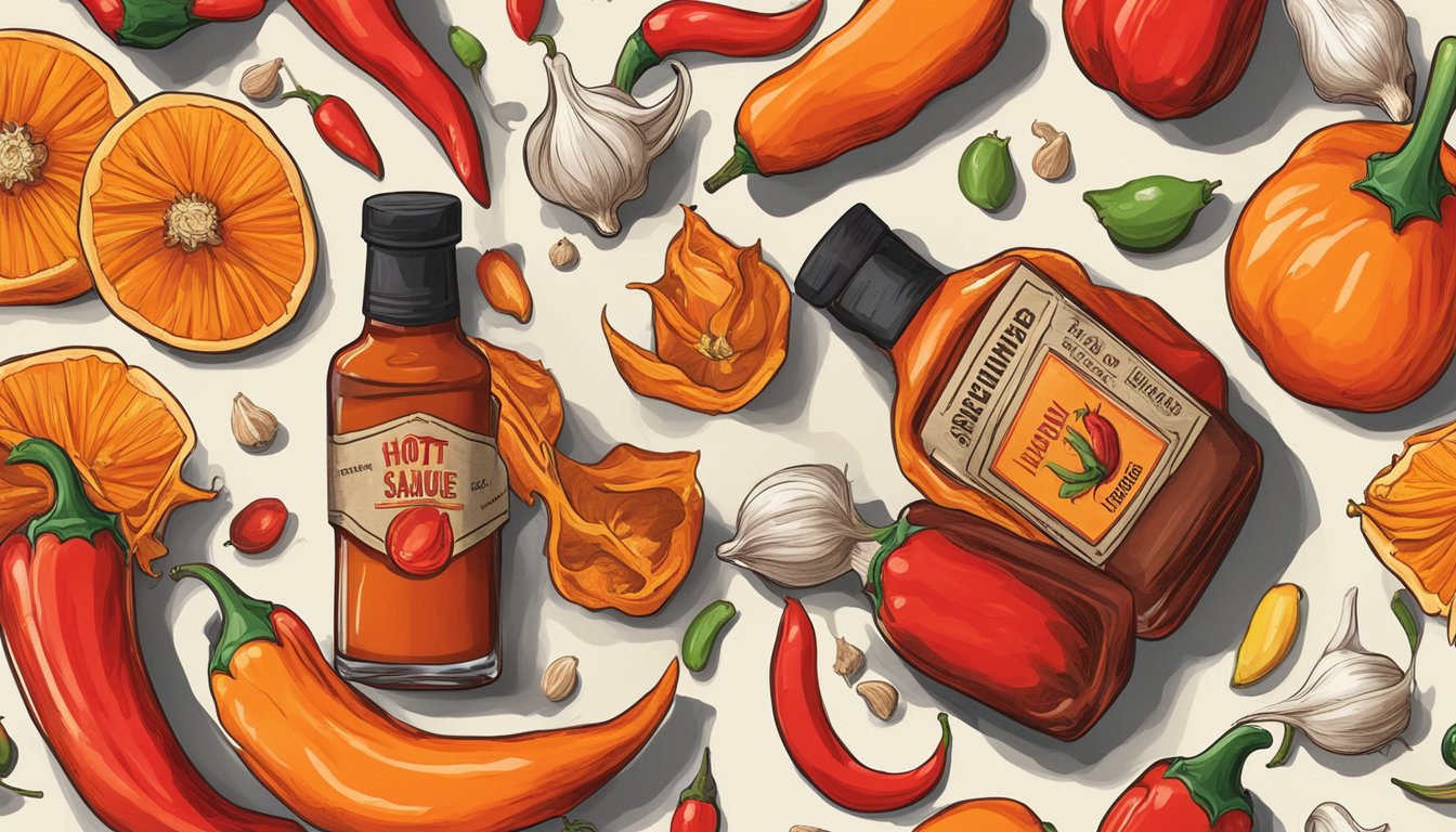 A bottle of Busha Browne's hot sauce surrounded by vibrant chili peppers and garlic cloves, with a fiery red and orange color palette