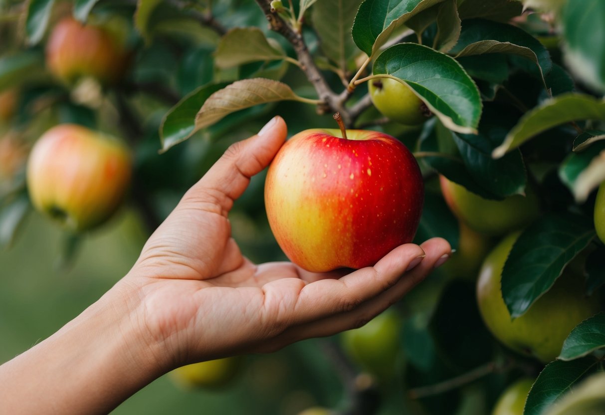 A hand carefully selecting one ripe apple from a tree full of fruit