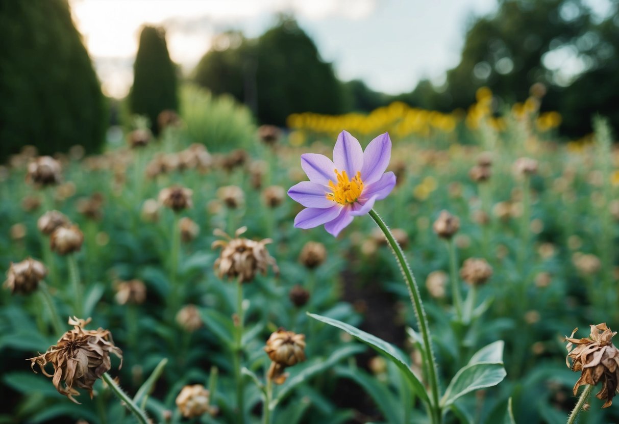 A serene garden with a single, vibrant flower blooming amidst a sea of withered, wilted ones