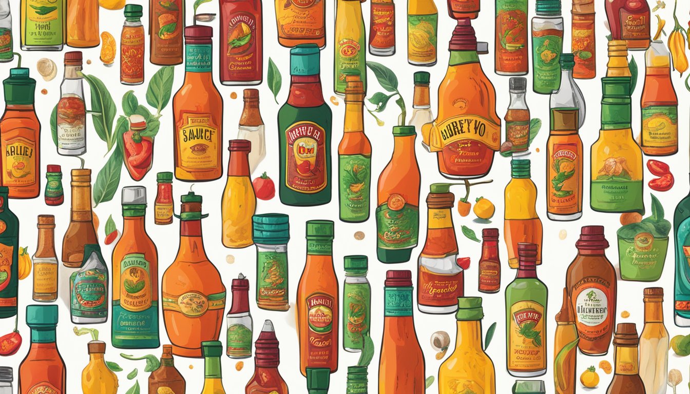 A table filled with bottles of Aubrey D. hot sauce in various flavors and sizes, surrounded by vibrant peppers and spicy ingredients