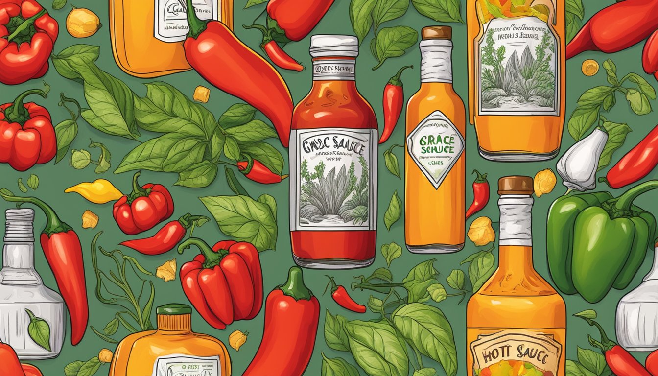 A bottle of Grace hot sauce surrounded by colorful peppers and chili plants