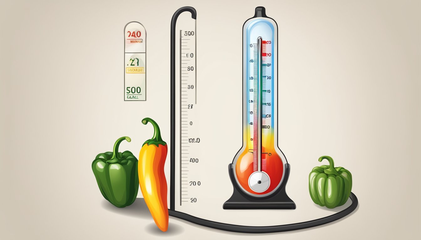 A thermometer measuring high heat next to a pepper labeled with the Scoville scale