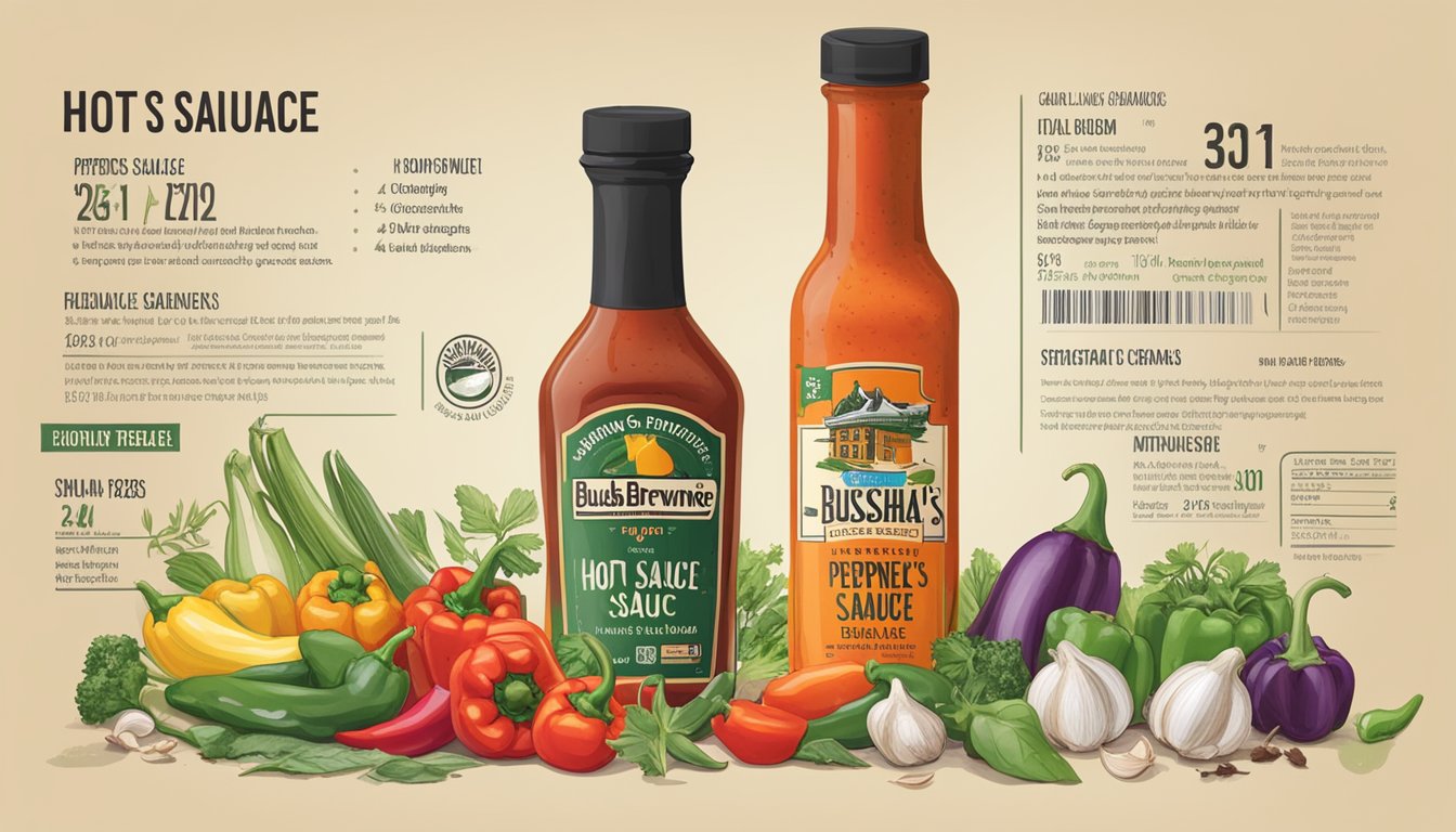 A bottle of Busha Browne's hot sauce surrounded by fresh ingredients like peppers, garlic, and herbs, with a nutrition label and dietary information displayed nearby