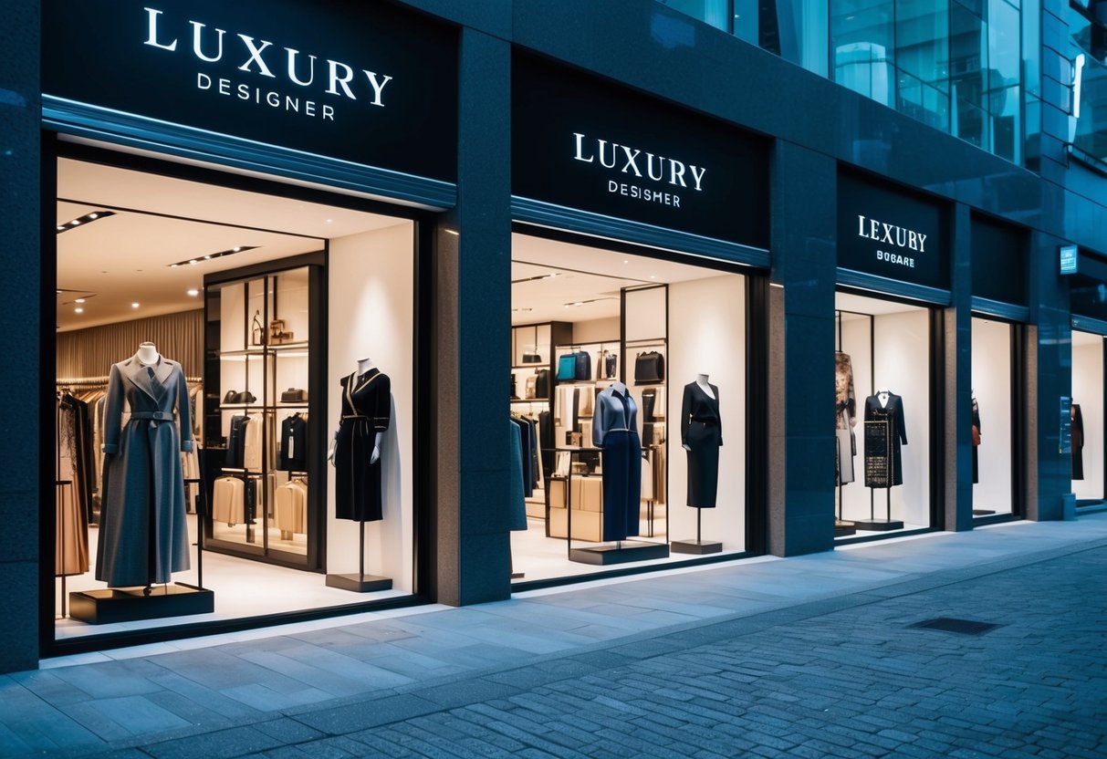 A row of modern storefronts displaying luxury designer brands