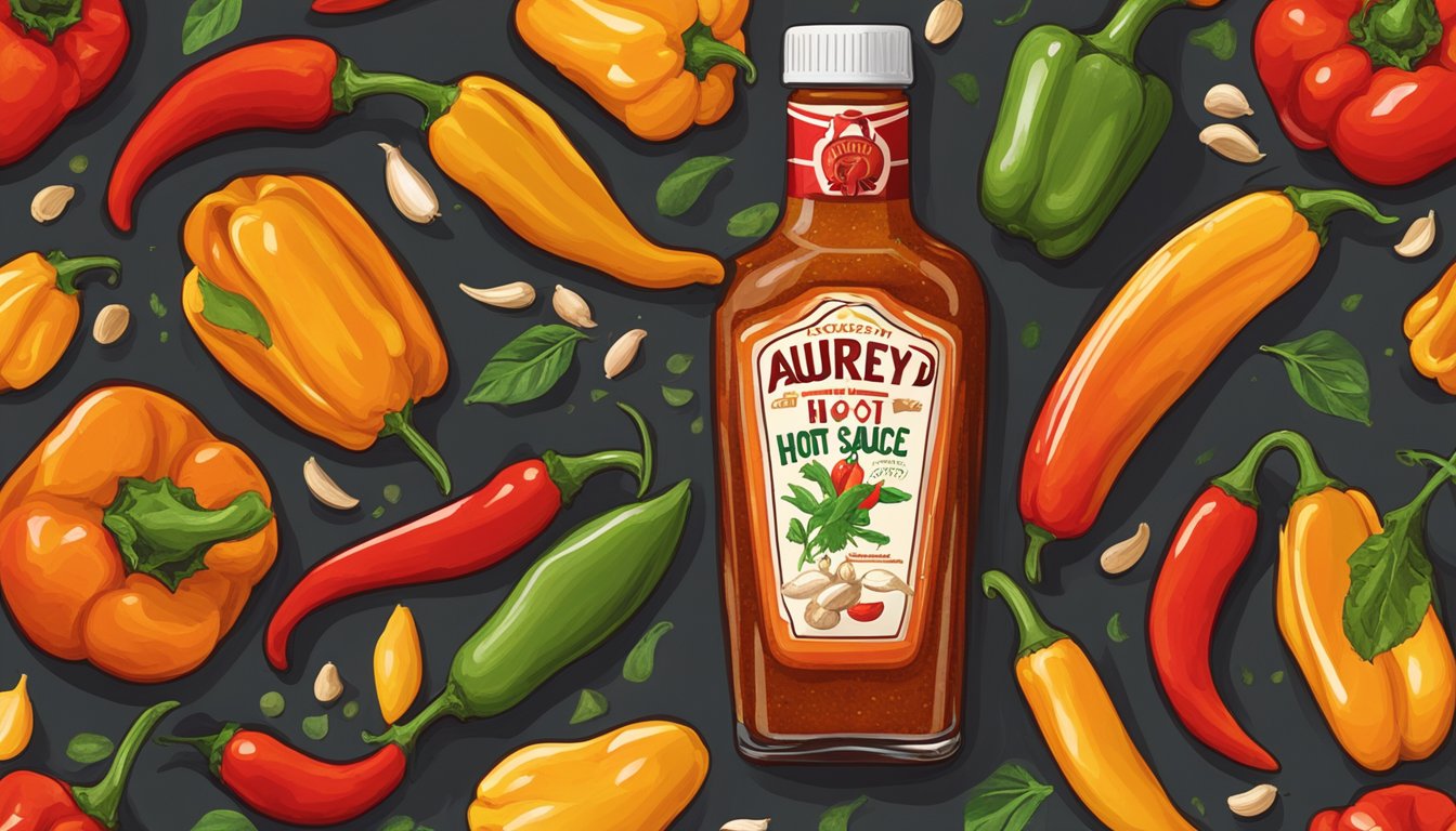 A bottle of Aubrey D. hot sauce sits on a wooden table, surrounded by vibrant peppers and garlic cloves. A small dish and spoon are nearby for serving