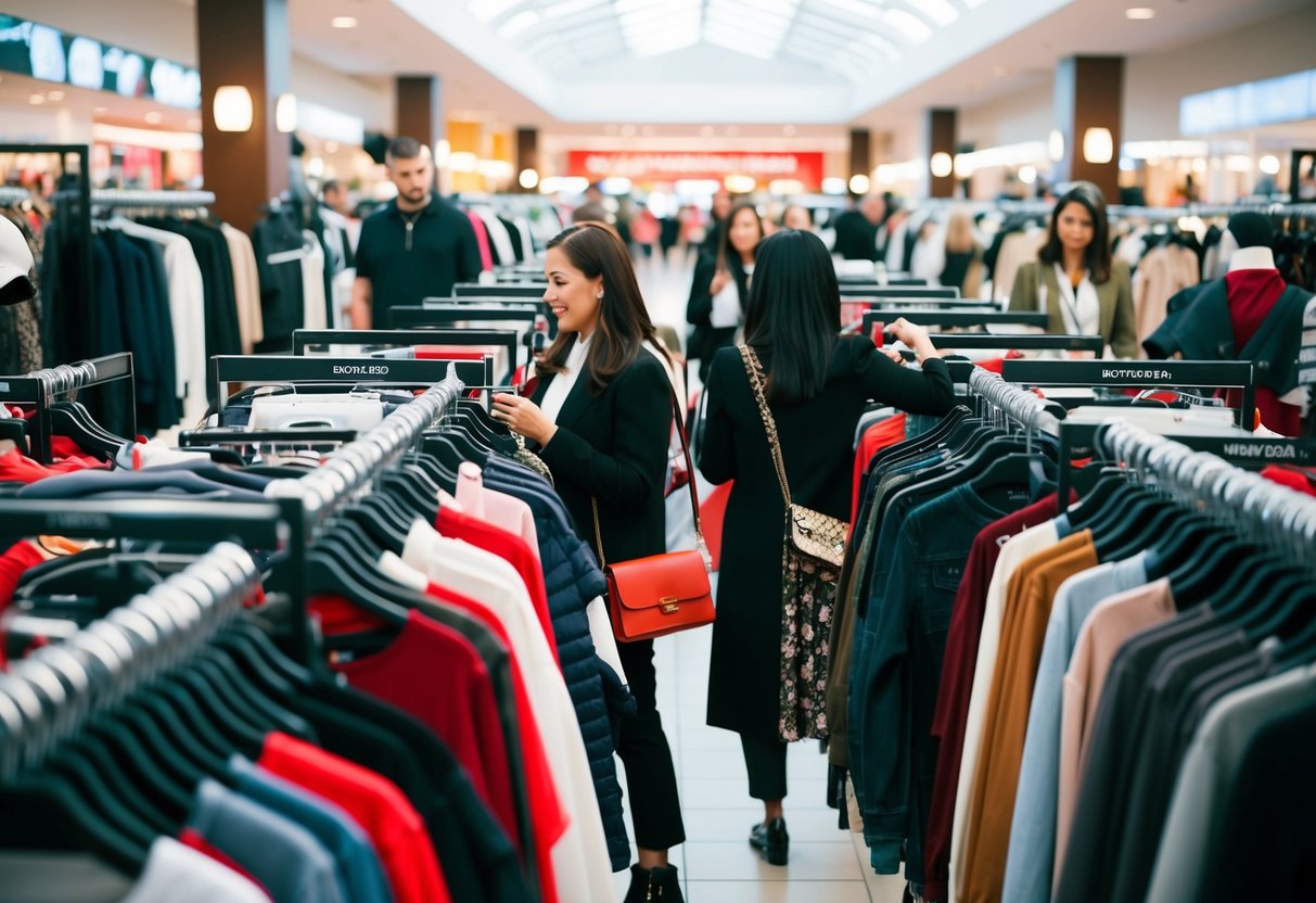 Shoppers browsing racks of discounted designer clothing at outlet mall