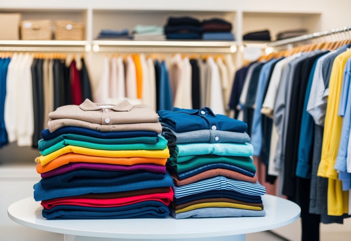 A pile of colorful, neatly folded second-hand clothing contrasts with a rack of new garments in a bright, organized store setting