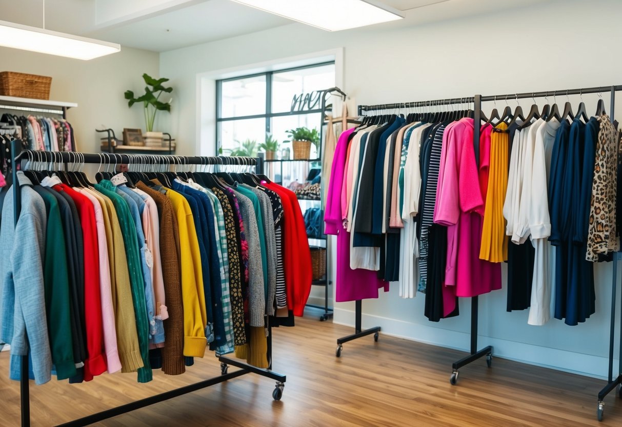 A colorful thrift store rack filled with gently used clothing next to a pristine display of new garments in a boutique setting