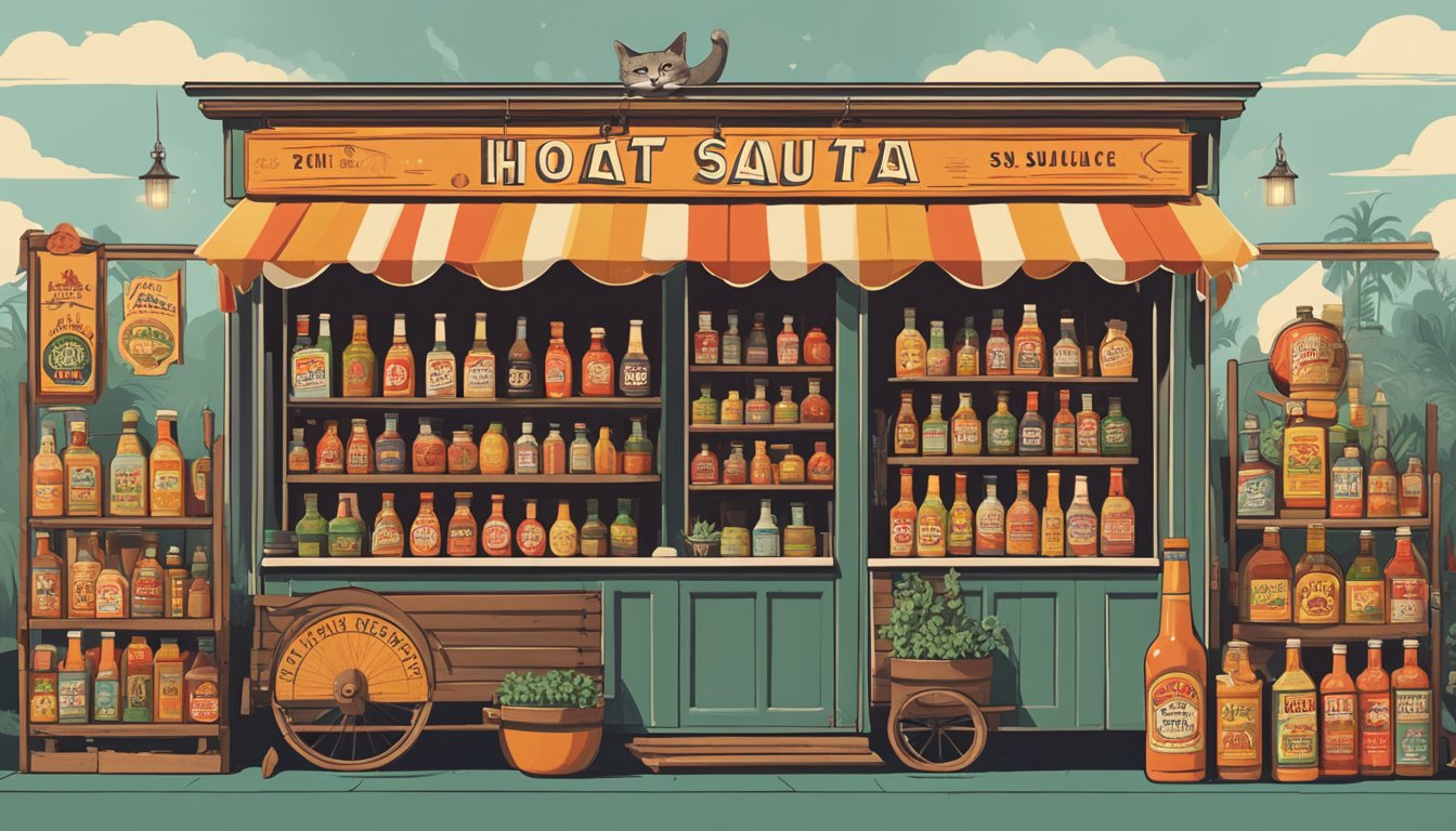 A vintage-style market stall with bottles of Fat Cat hot sauce on display. Bold branding and historical imagery adorns the backdrop