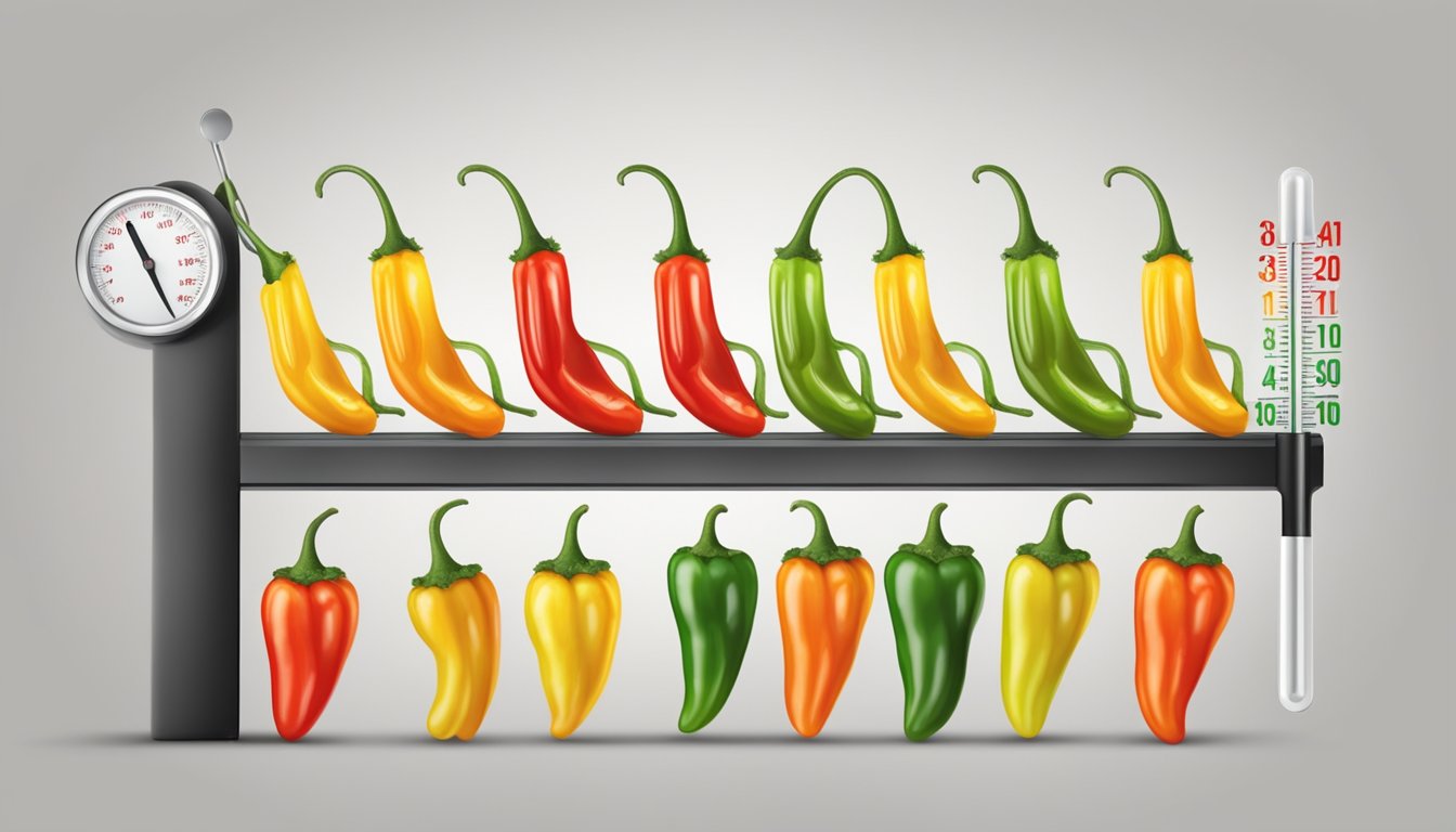 A variety of spicy peppers arranged in a line, with a thermometer showing increasing heat levels