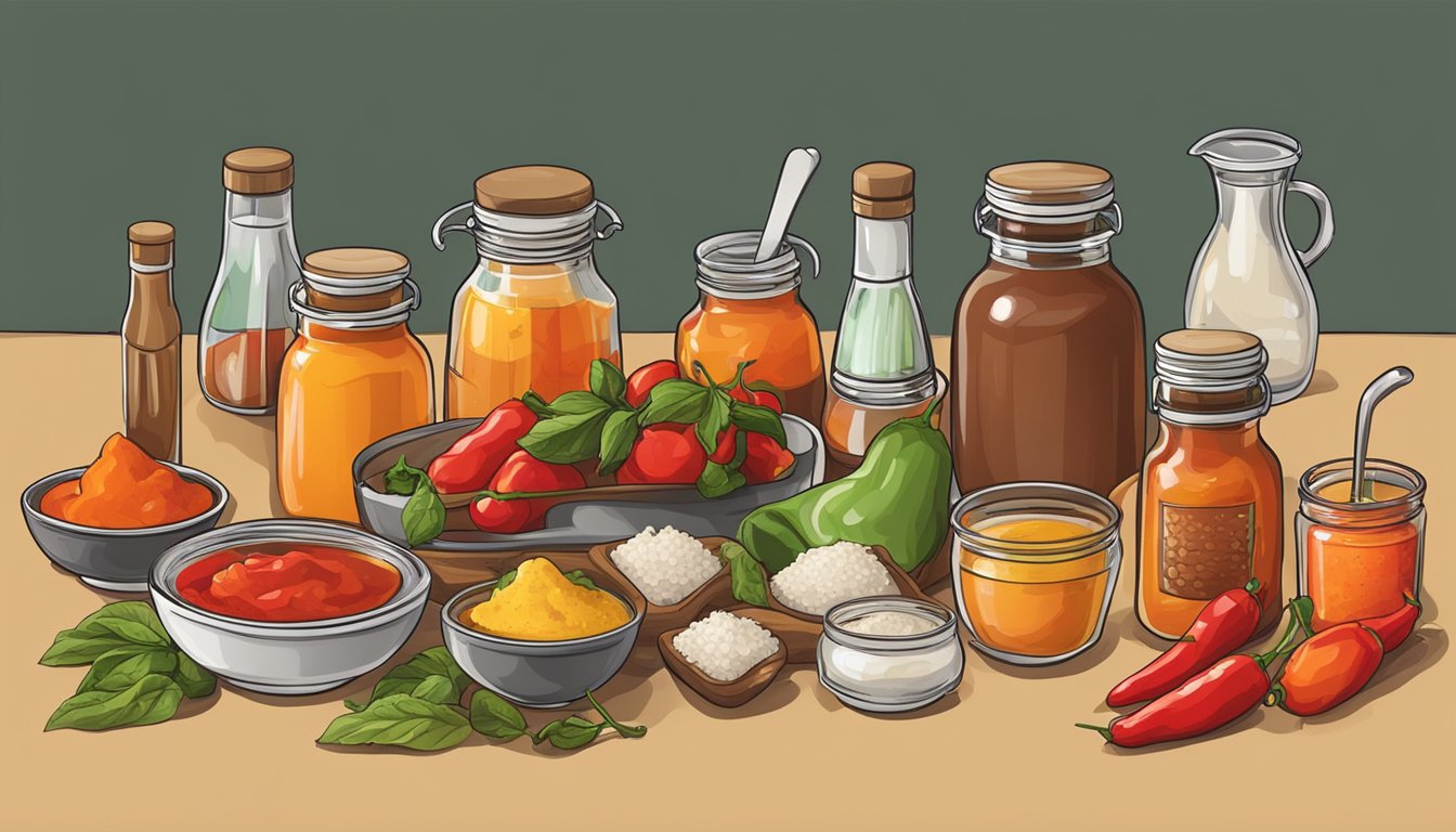 A table with various ingredients and equipment for making hot sauce