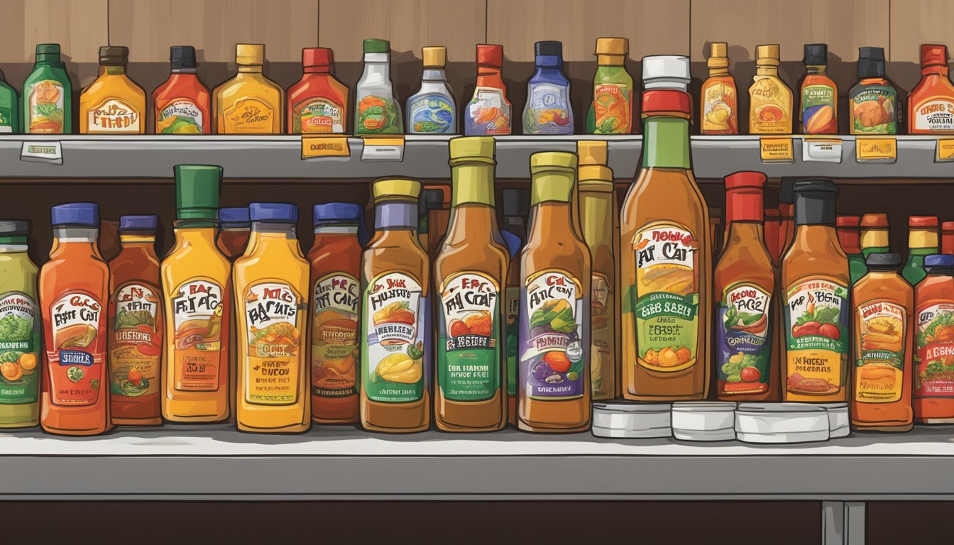 A bottle of Fat Cat hot sauce displayed on a shelf among other condiments in a grocery store