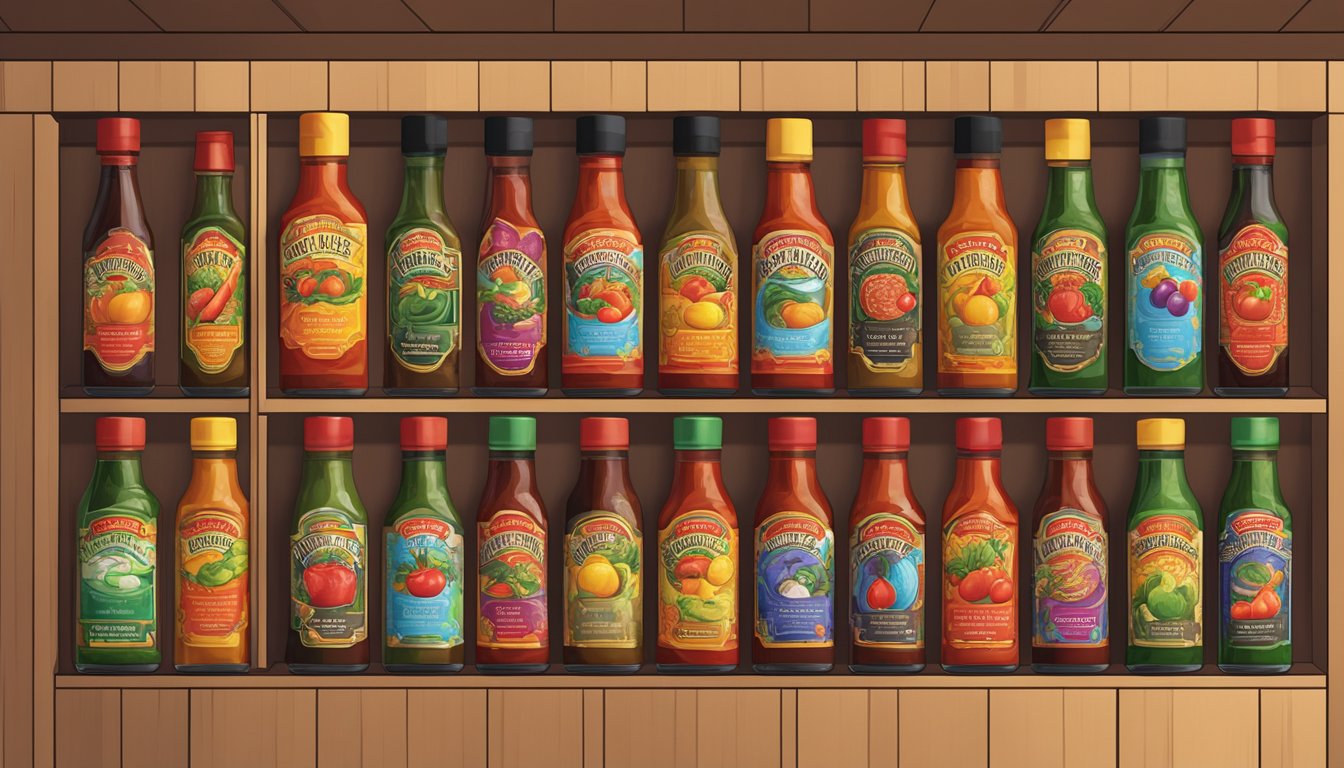 A bottle of Walkerswood hot sauce surrounded by colorful packaging, with several bottles neatly arranged on a shelf for storage