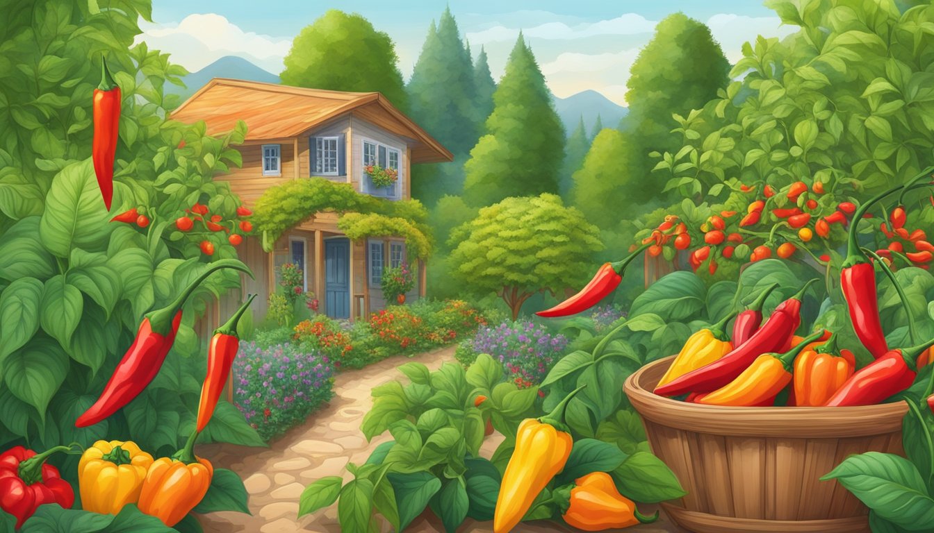 A vibrant garden with ripe chili peppers, surrounded by lush greenery and bountiful harvest