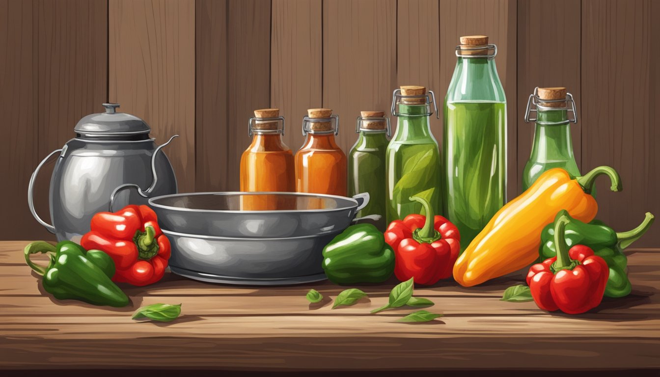 A rustic kitchen table with vintage bottles and fresh peppers