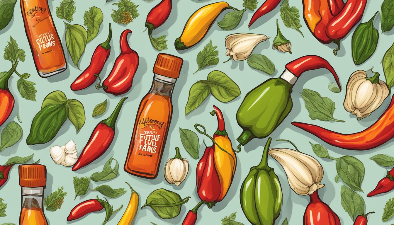 A bottle of Future Outlook Allegheny City Farms hot sauce surrounded by vibrant, freshly picked chili peppers and garlic cloves