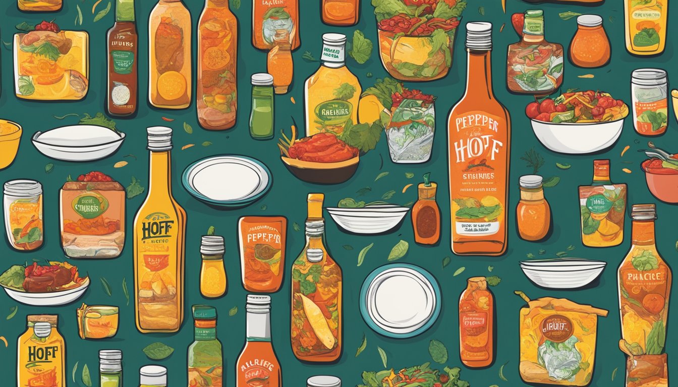 A table with various dishes, each topped with Hoff & Pepper hot sauce bottles. Bright, bold labels catch the eye