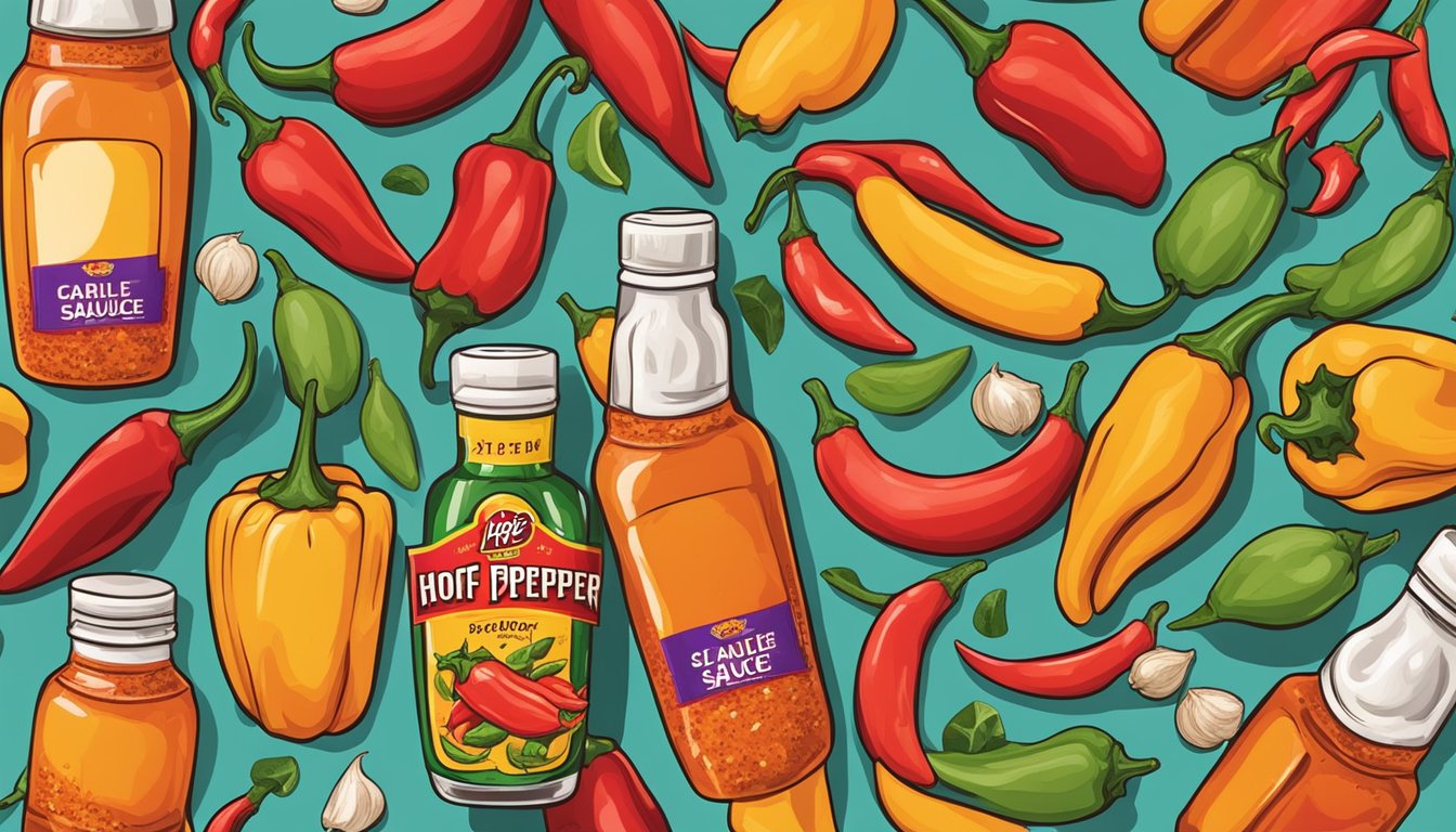 A bottle of Hoff & Pepper hot sauce surrounded by vibrant chili peppers and garlic cloves