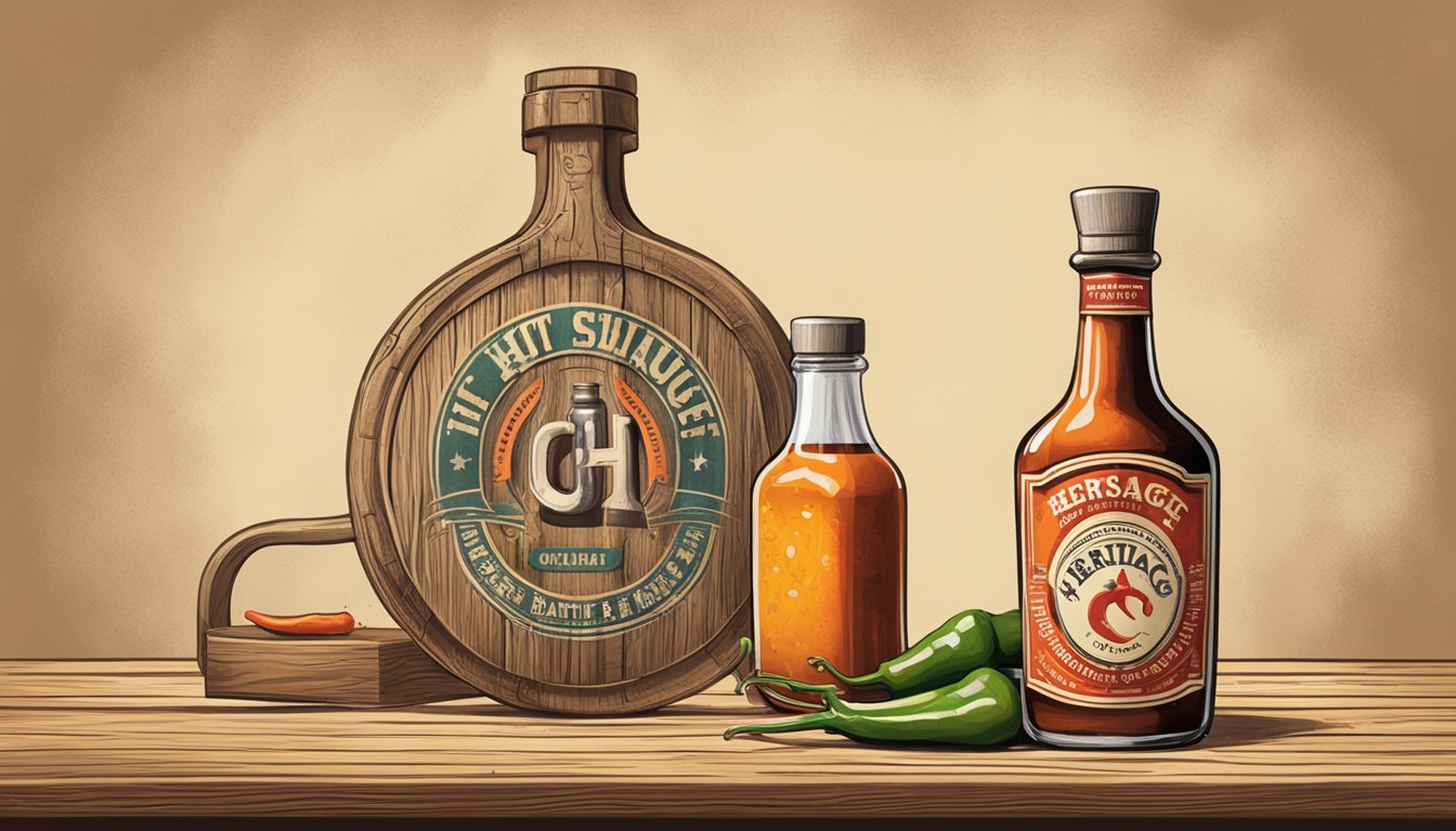 A rustic wooden table with a vintage horseshoe and a bottle of hot sauce with the Brand Heritage logo