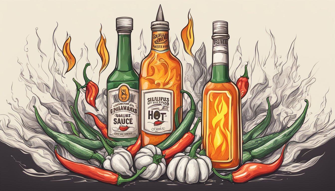 A sizzling hot sauce bottle surrounded by chili peppers and flames