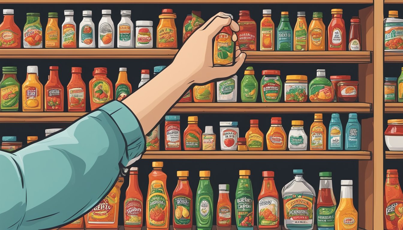 A hand reaching for a bottle of Hoff & Pepper hot sauce on a grocery store shelf, surrounded by other condiments and products