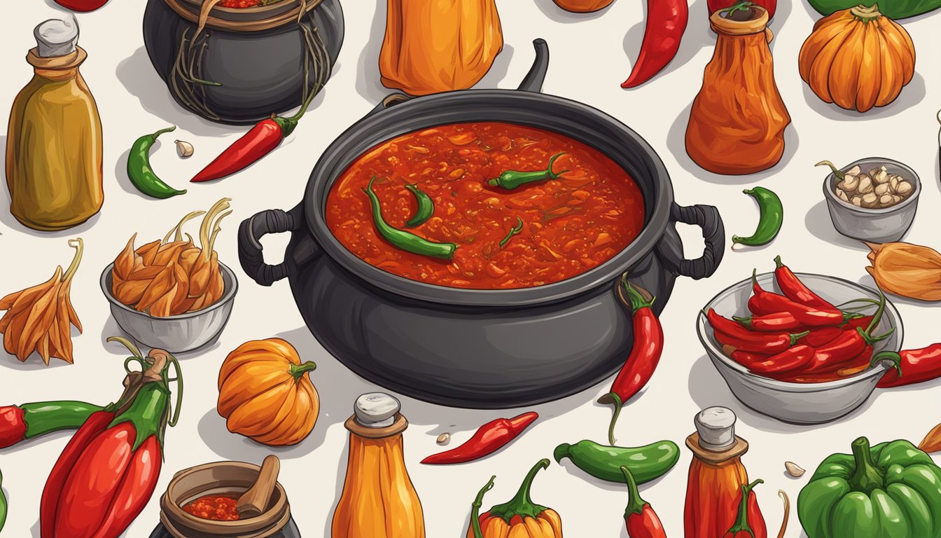 A bubbling cauldron of red hot sauce surrounded by piles of chili peppers and garlic cloves