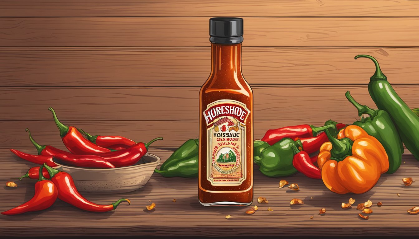 A bottle of Horseshoe Brand hot sauce sits on a rustic wooden table, surrounded by vibrant chili peppers and a scattering of fiery red pepper flakes