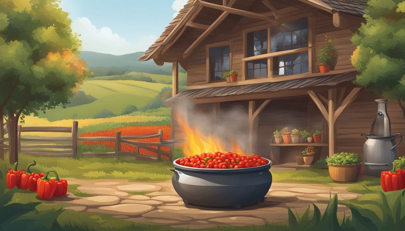 A rustic farmhouse with fields of red peppers and a bubbling pot over a fire