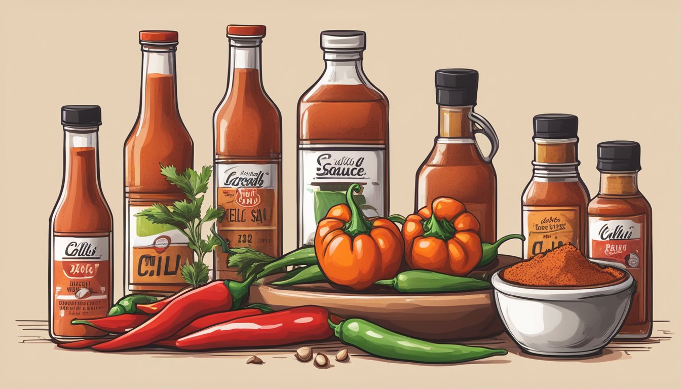 A table with bottles of Red Clay Hot Sauce in various sizes, surrounded by fresh chili peppers and garlic cloves