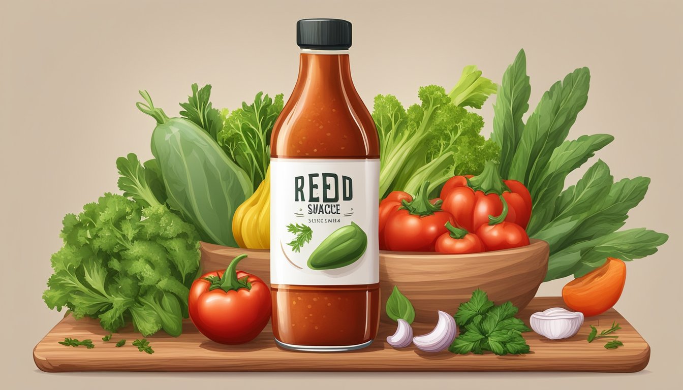 A bottle of Red Clay Hot Sauce surrounded by fresh vegetables and herbs on a wooden cutting board