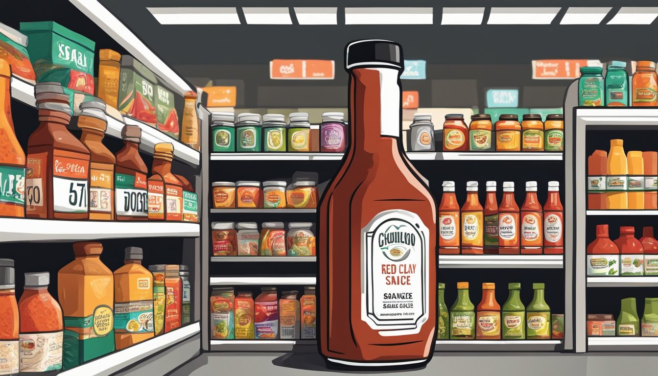 A bottle of Red Clay Hot Sauce sits on a shelf in a grocery store, surrounded by other condiments and sauces. The label is bright and eye-catching, drawing the attention of potential buyers