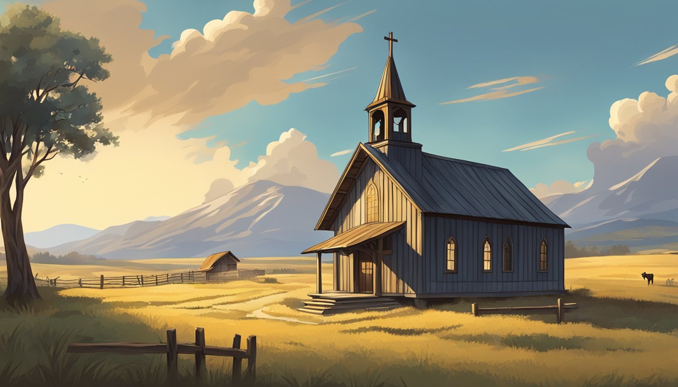 A rustic cowboy church with a cross on the roof, surrounded by open fields and grazing cattle