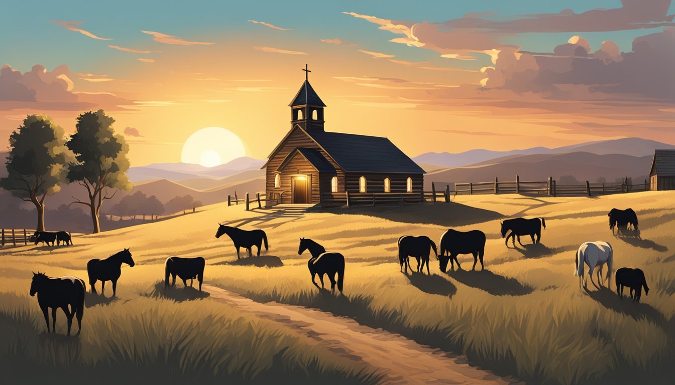 A rustic cowboy church with a cross on a hill, surrounded by horses and cattle, under a big open sky with a setting sun