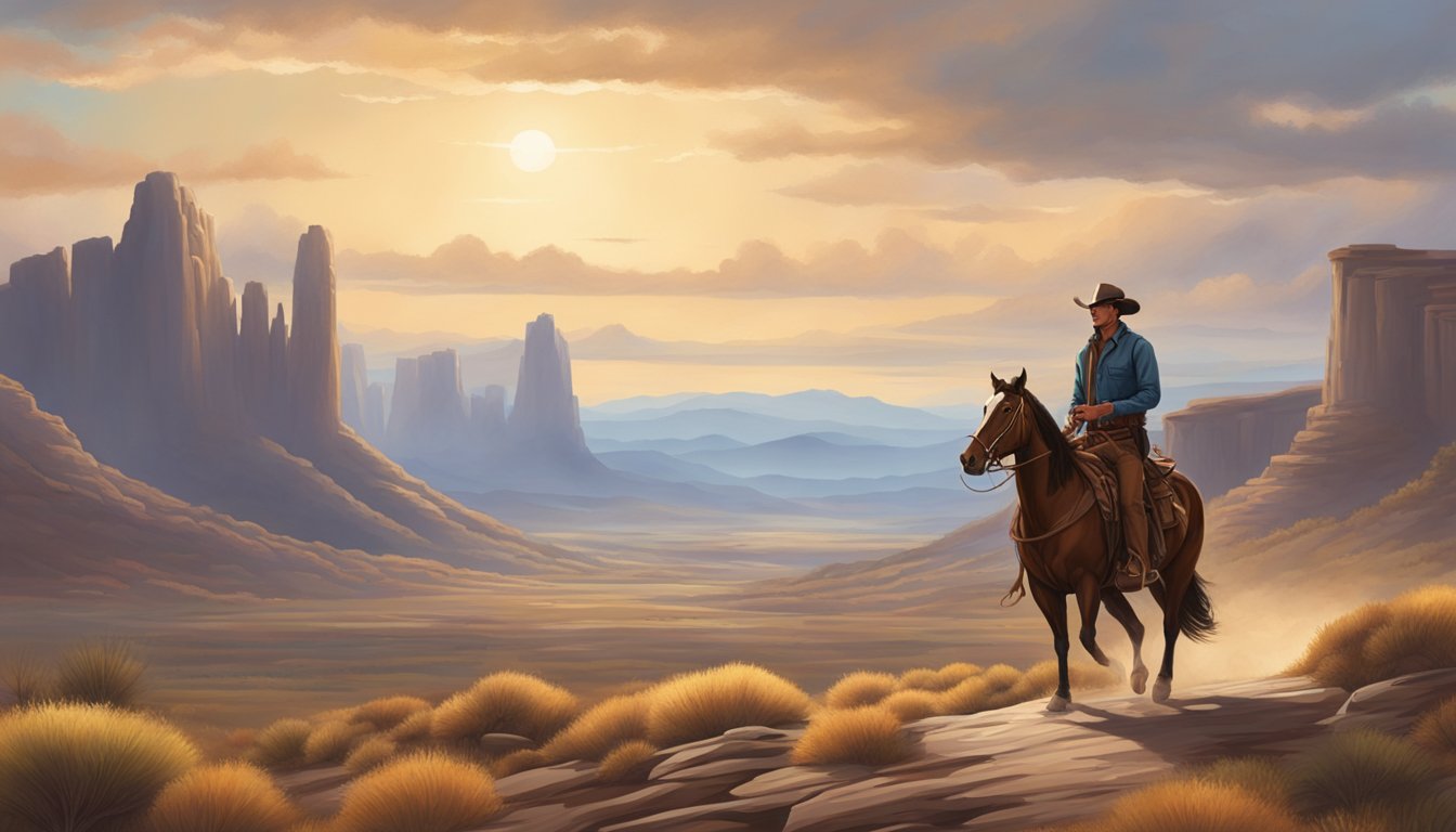 A lone cowboy rides through the rugged western landscape, surrounded by vast plains and distant mountains, embodying the spirit of American folklore