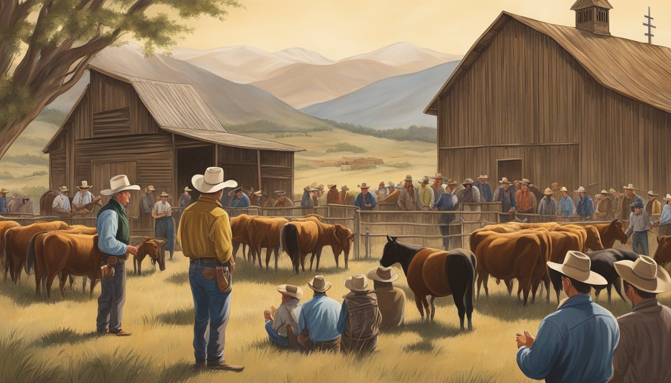 A cowboy church congregation gathers in a rustic barn, surrounded by rolling hills and grazing cattle, symbolizing the growth and influence of the movement