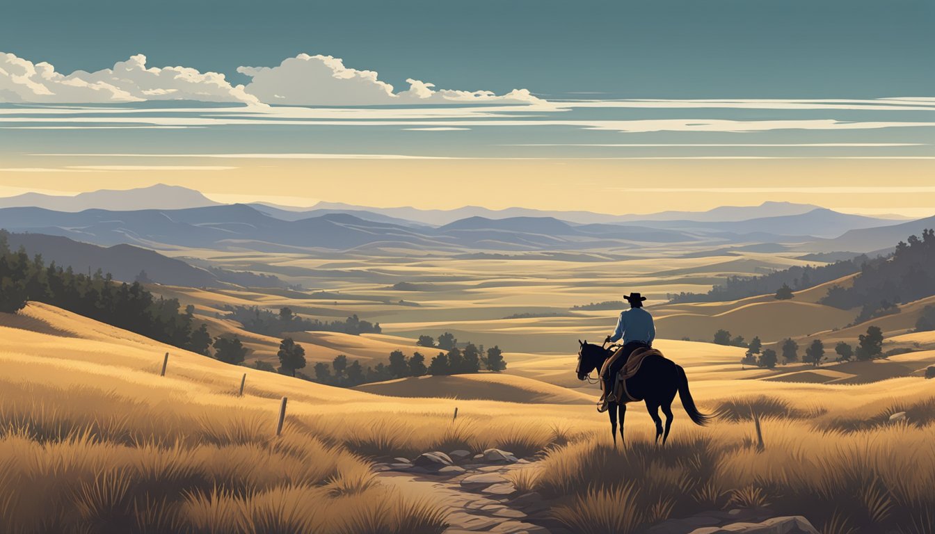 A lone cowboy rides through a rugged landscape, with a backdrop of rolling hills and a vast, open sky. His silhouette embodies the enduring spirit of American folklore