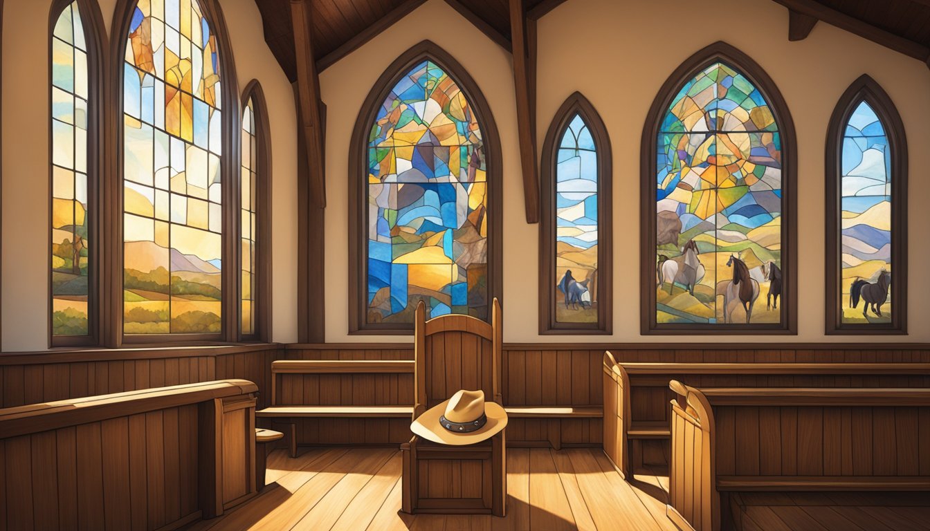 A cowboy hat rests on a wooden pew inside a rustic church, surrounded by images of horses and cowboys. The sun streams in through stained glass windows, casting a warm glow over the scene