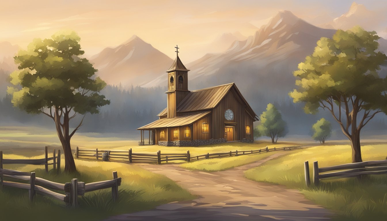 A rustic cowboy church nestled in a serene countryside, with digital technology seamlessly integrated into the traditional setting, ensuring accessibility for all