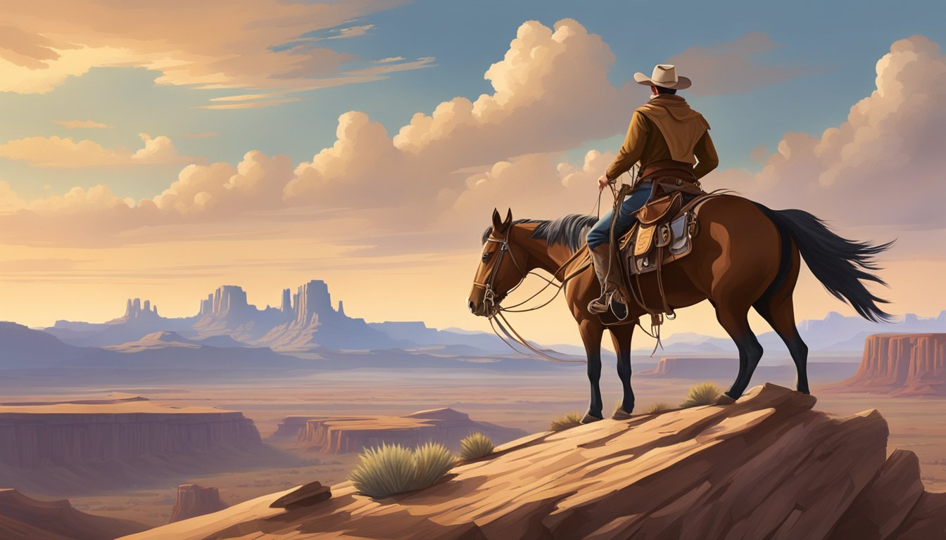 A lone cowboy rides across a vast, rugged landscape, with a backdrop of the American West and iconic symbols of the frontier