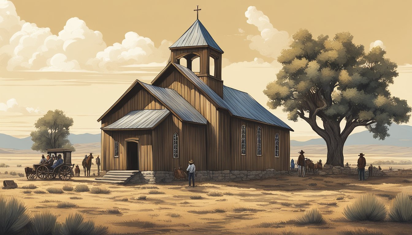 A rustic cowboy church nestled in a western landscape, with a congregation gathered under a wide open sky