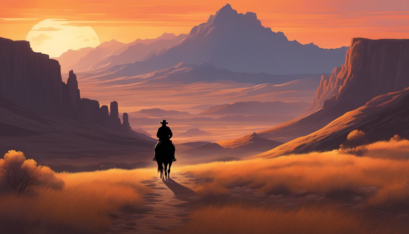 A lone cowboy rides through a vast, rugged landscape, silhouetted against a fiery sunset