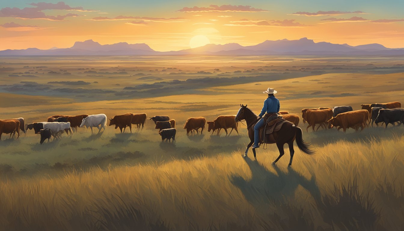 A lone cowboy riding across the vast Texas prairie at sunset, with a herd of cattle in the distance and a rugged landscape stretching into the horizon