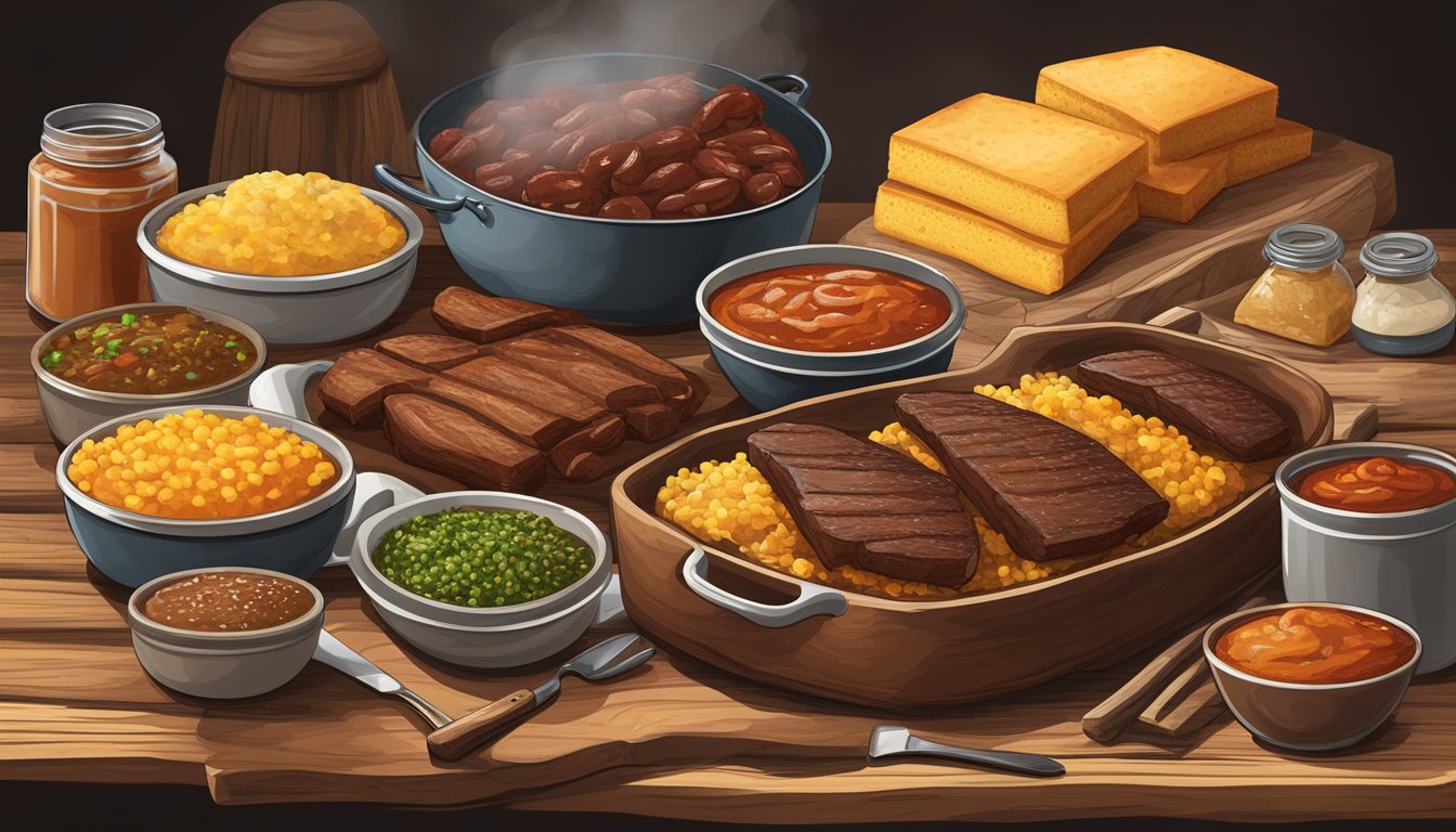 A rustic wooden table displays a spread of Texan cowboy cuisine: steaks, barbecue ribs, cornbread, chili, beans, and a variety of spices and sauces