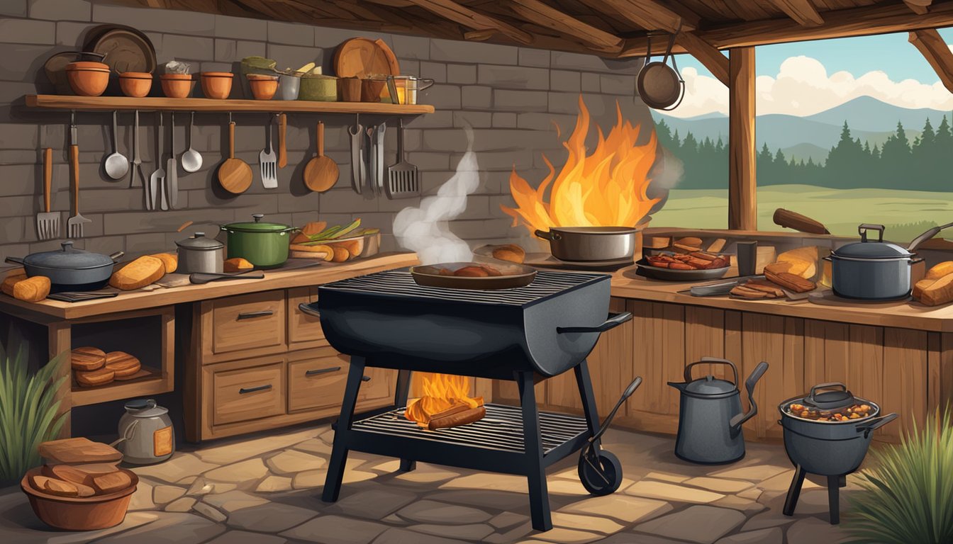 A rustic outdoor kitchen with a roaring campfire, cast iron skillets, and a large grill surrounded by Texan cowboy cooking ingredients and tools