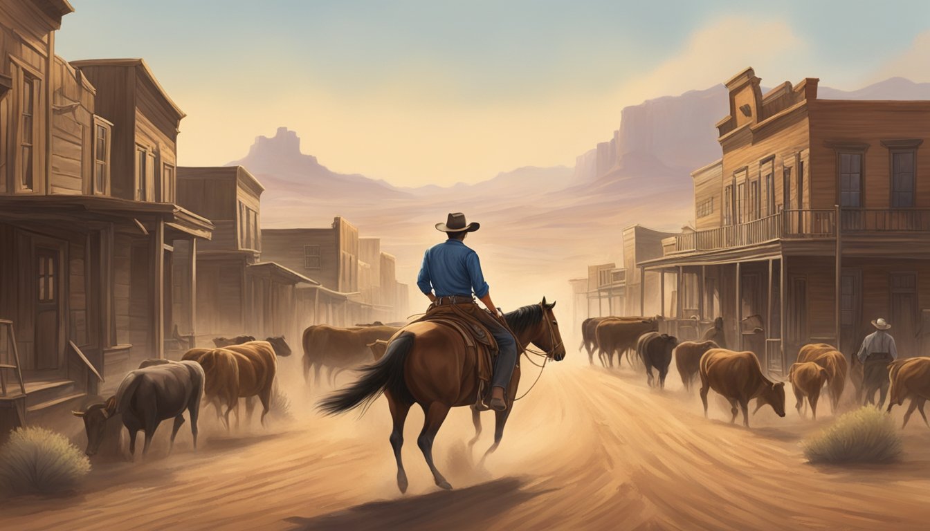 A lone cowboy rides through a dusty western town, surrounded by saloons and cattle ranches, embodying the rugged spirit of the American frontier